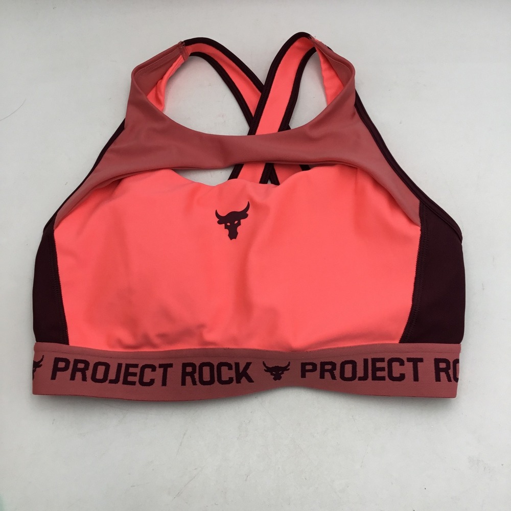 Under Armour Project Rock Pink Burgundy Sports Bra Womens Large Brahma Bull Logo